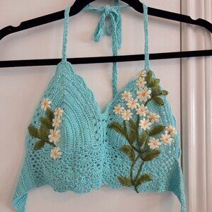 Blue floral crochet halter top